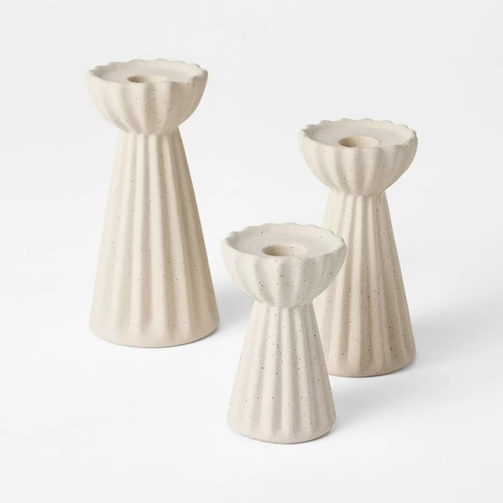 Set of 3 Ceramic Ribbed Taper Candle Holders Beige - Threshold Studio McGee